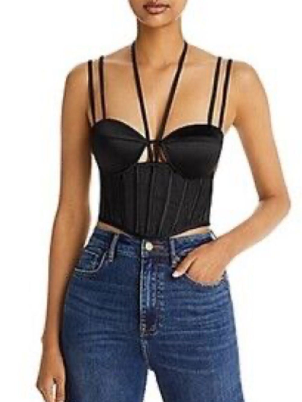 Bloomingdales AQUA x Maeve Reilly black satin-trim tuxedo pant and corset set